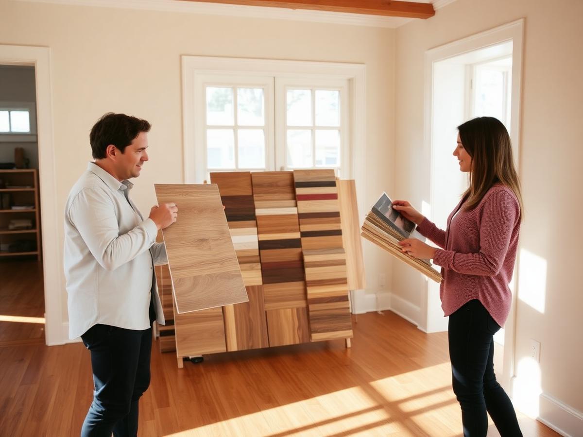 Two people comparing flooring samples in a bright room with wood floors