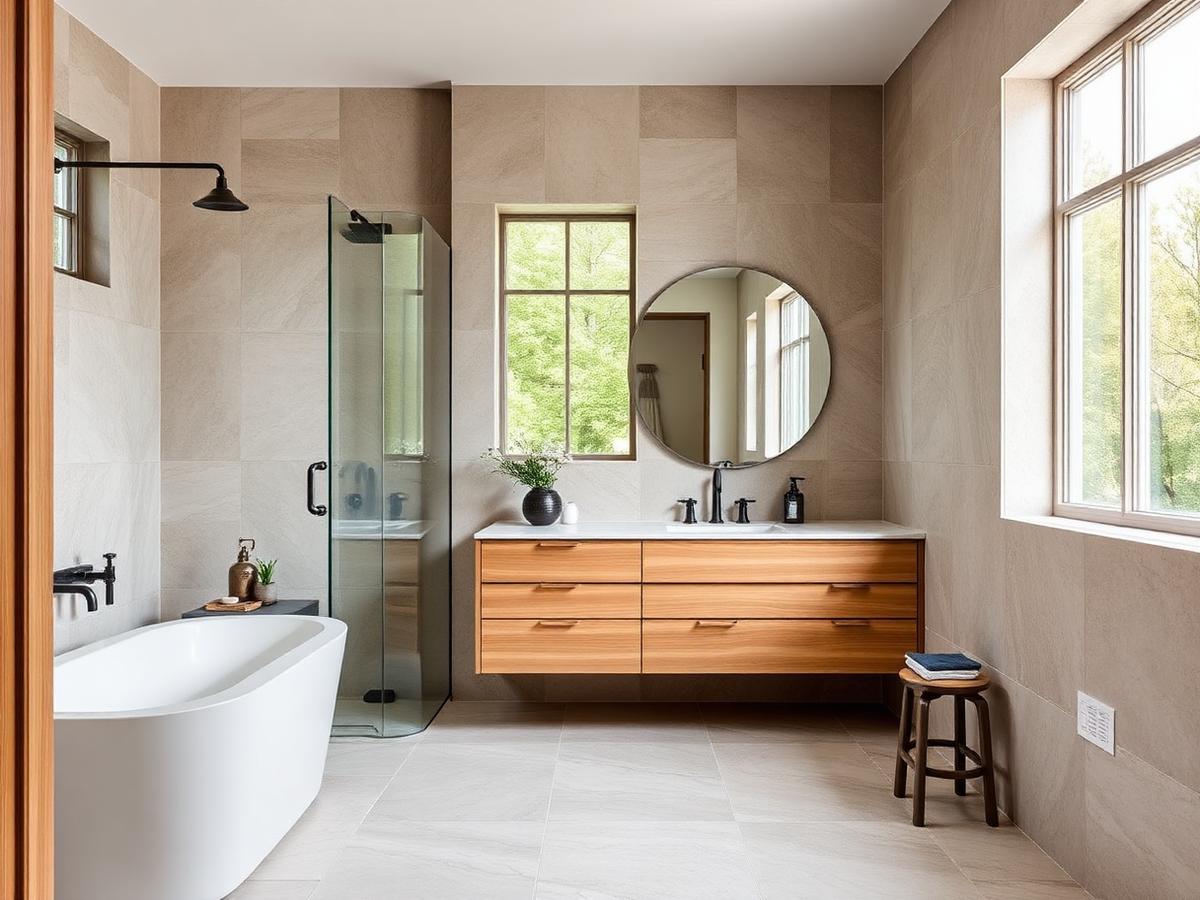 Remodeled bathroom with stone tile and a warm wood vanity