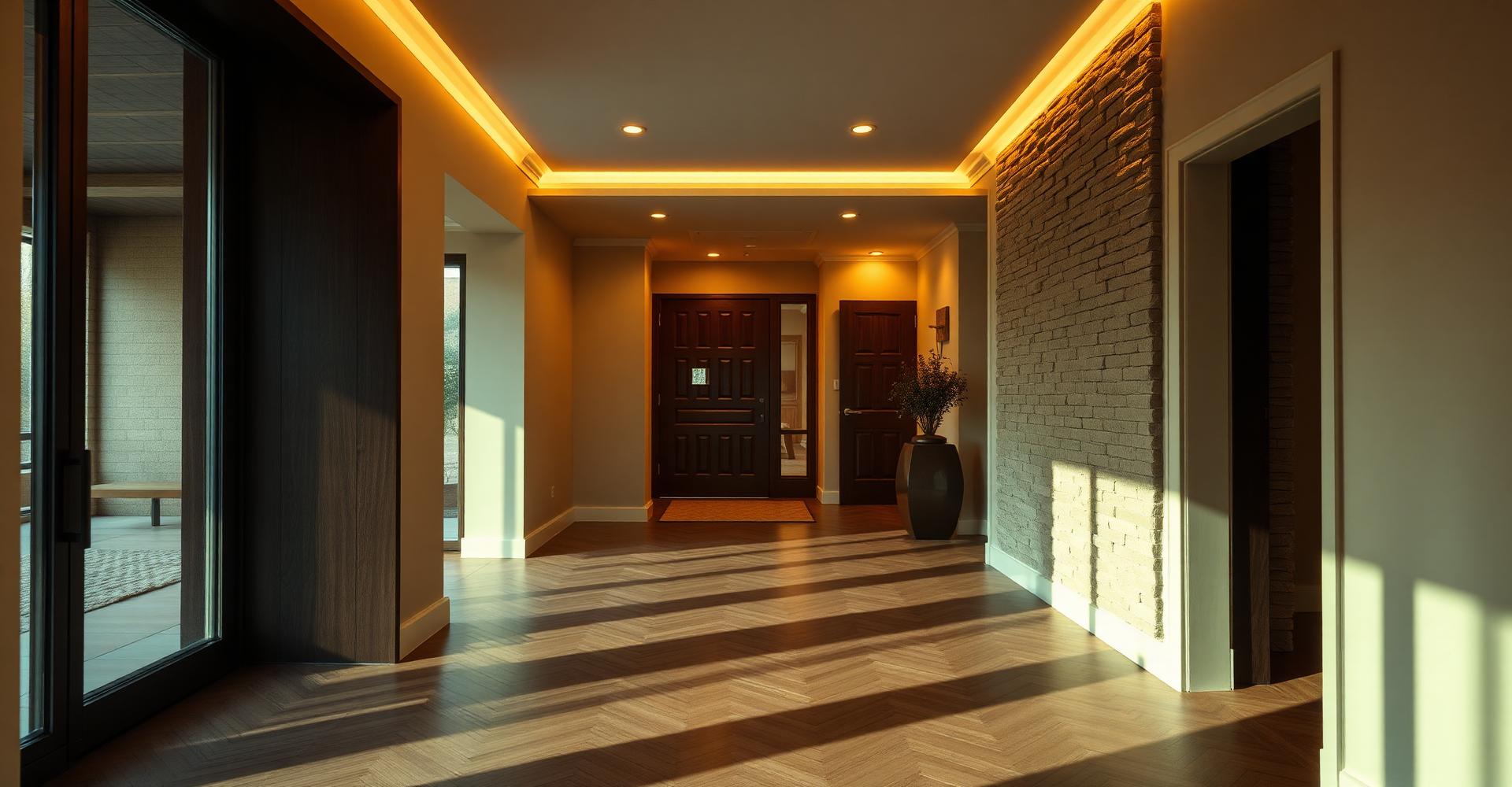 Warm entry hallway with herringbone wood flooring and a stone accent wall
