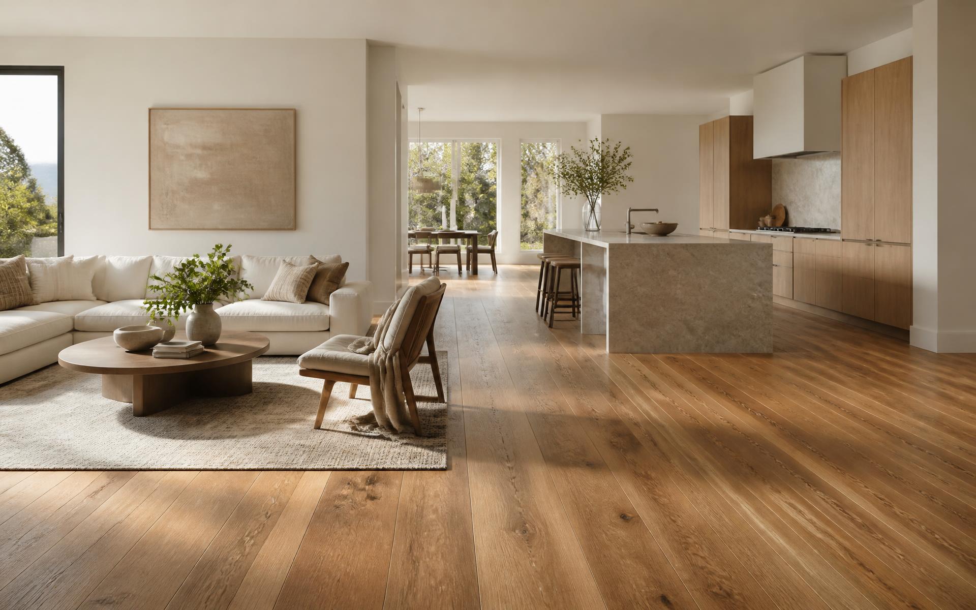 Sunlit open-plan living room and kitchen with wide-plank oak flooring