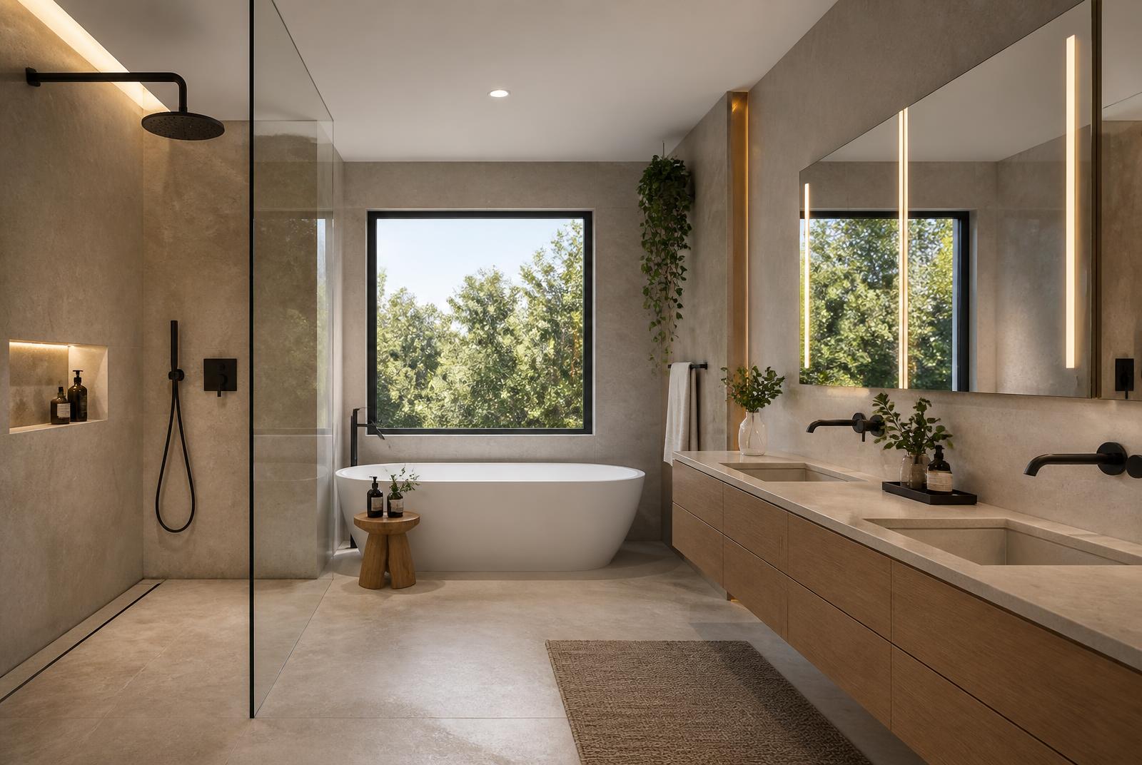 Remodeled bathroom with stacked tile shower, wood vanity and soft natural light