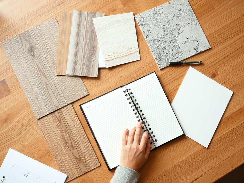 Wood, tile and stone material samples arranged on an oak table with a notebook