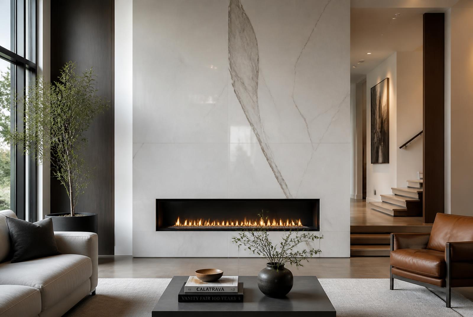 Modern fireplace resurfaced in warm limestone tile with a flush stone hearth