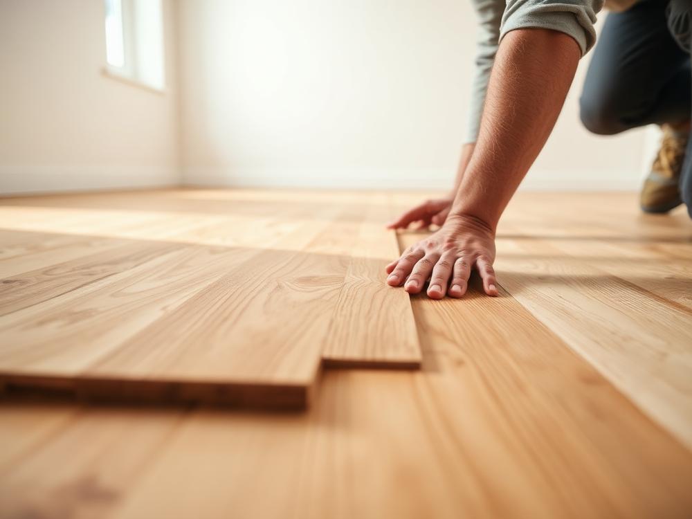 Installer setting a wide-plank engineered wood floor in a bright empty room