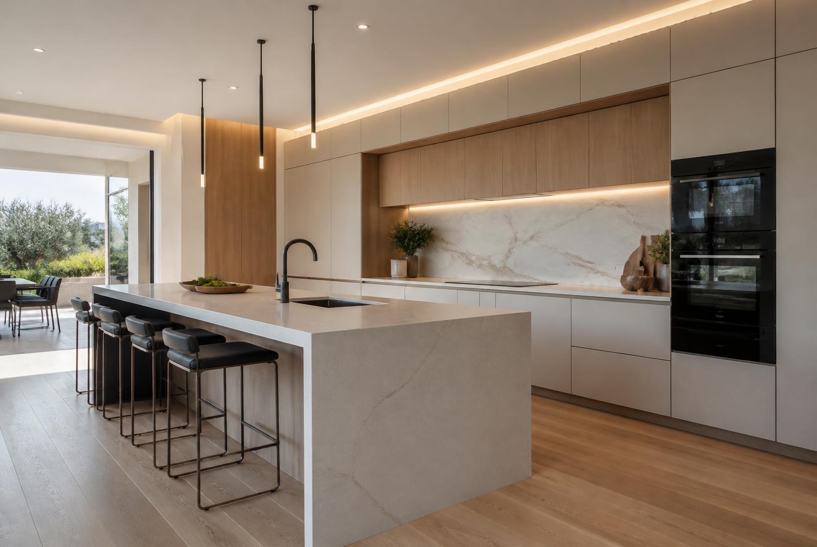Warm modern kitchen with oak cabinetry, stone backsplash and wide-plank wood flooring