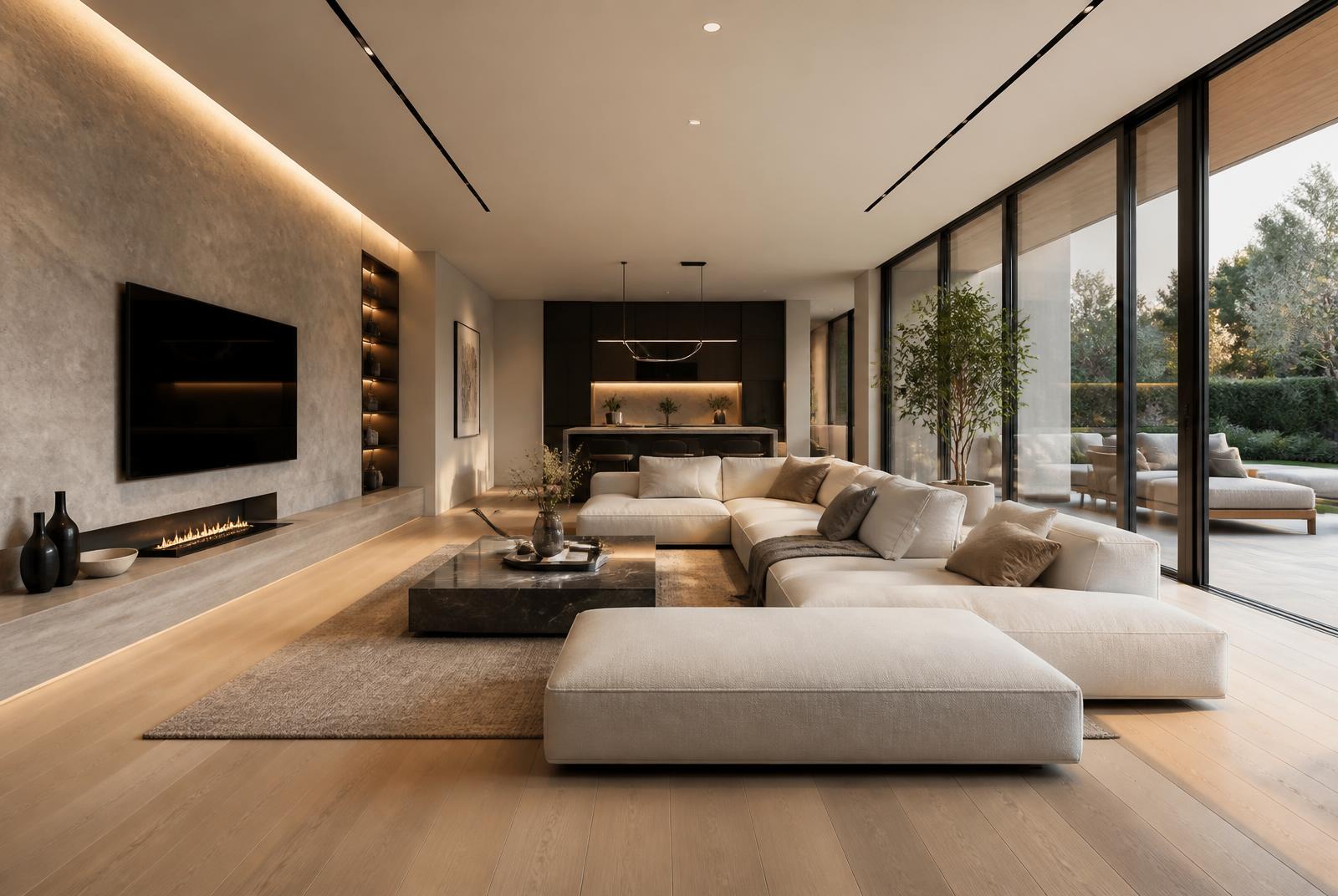 Warm contemporary living room with wide oak plank flooring and linen seating