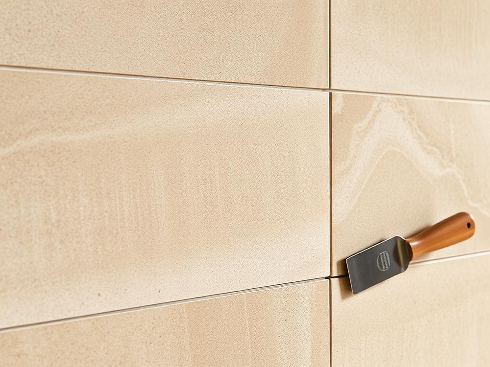 Detail of large-format natural stone tile being installed with tight grout lines