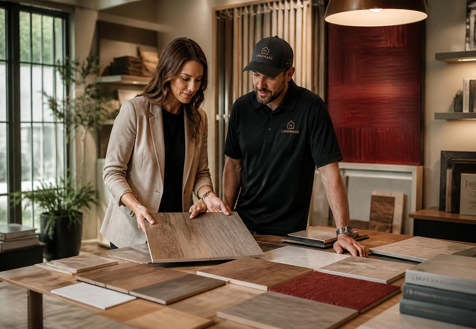Designer and contractor reviewing flooring samples together