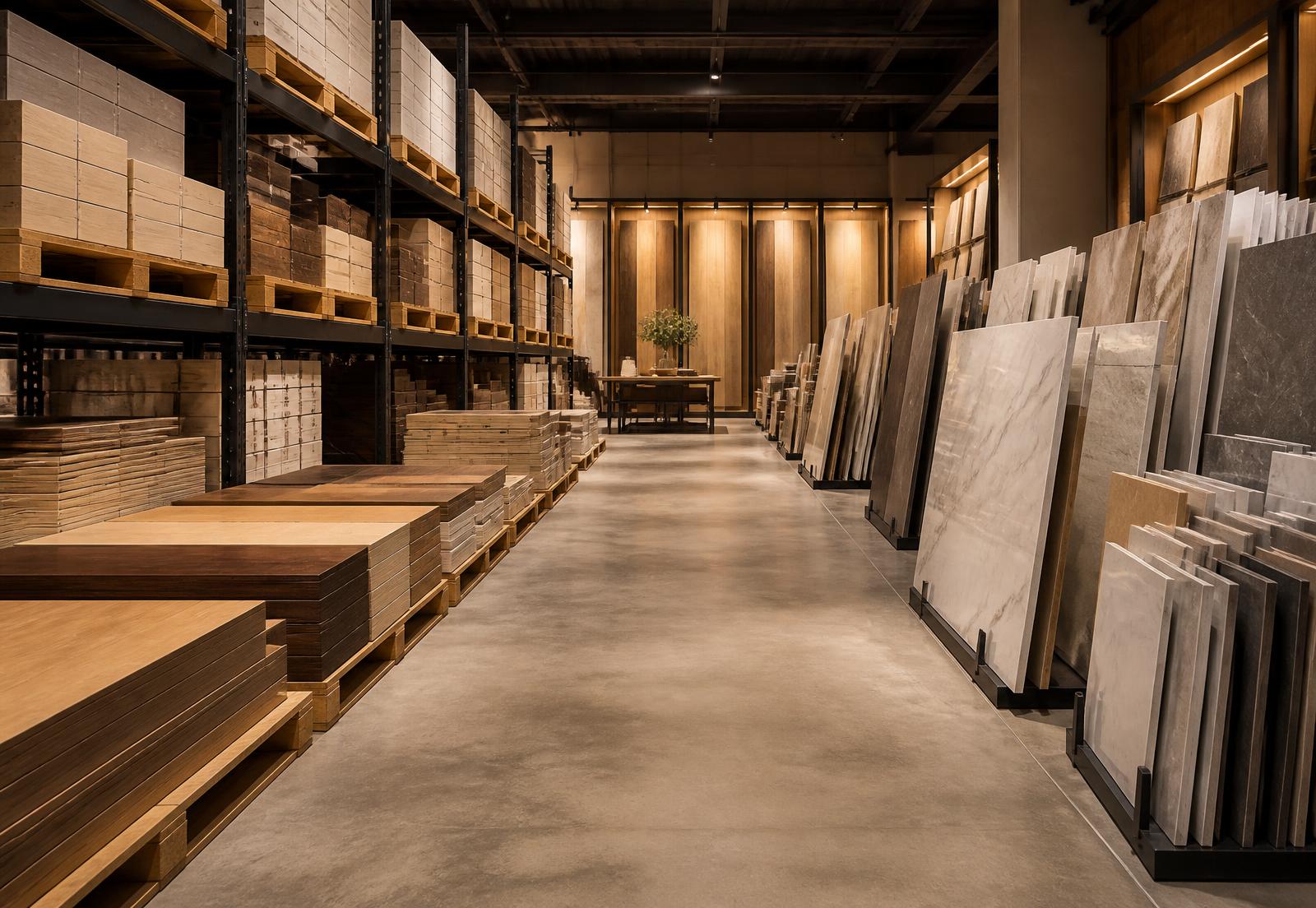 Aisle of stacked hardwood, tile and stone inventory ready for pickup