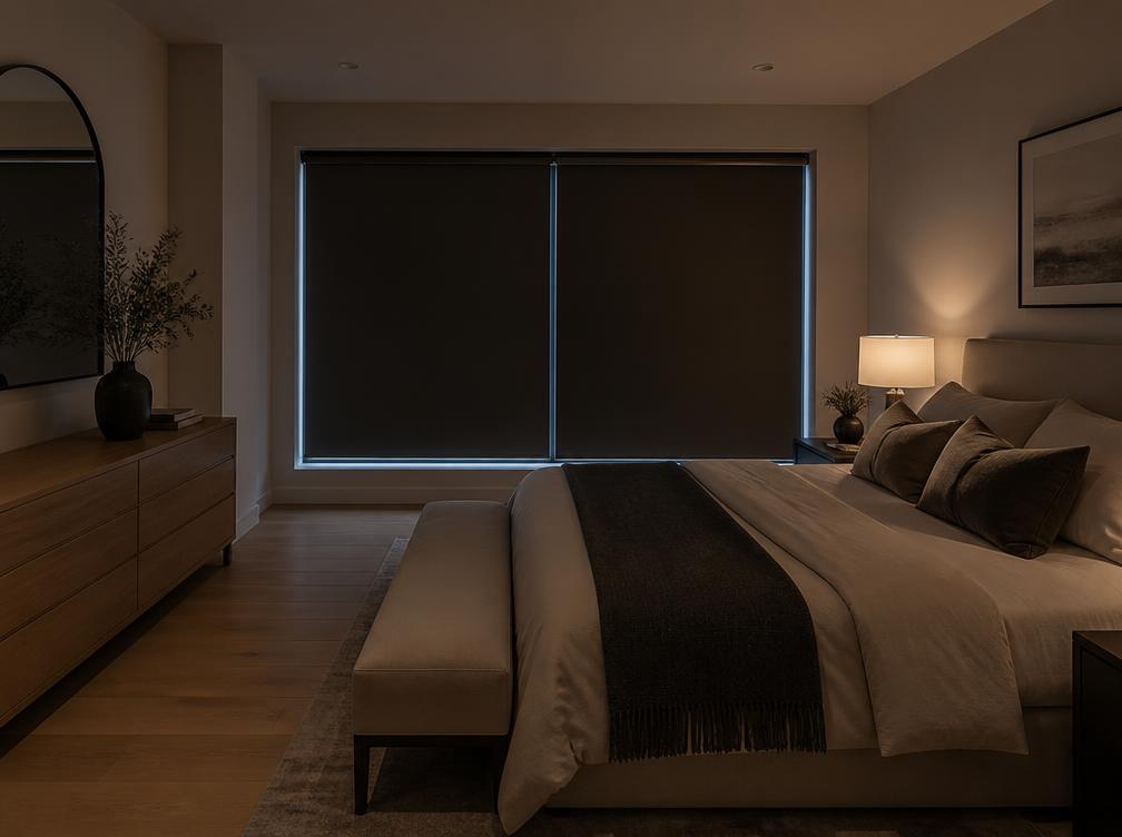 Room-darkening blackout shades lowered in a bedroom at night