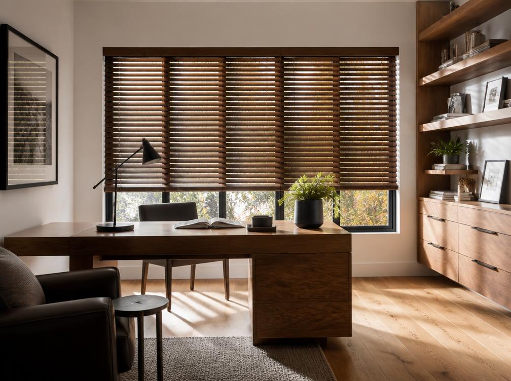 Warm walnut horizontal wood blinds in a modern home office with oak flooring