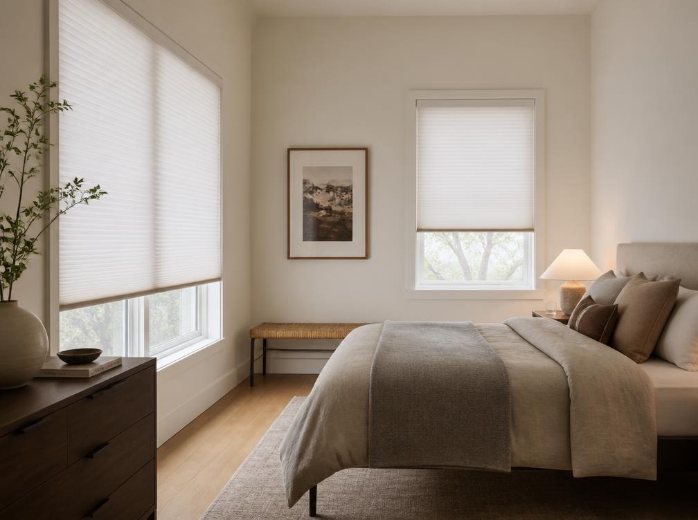 White cellular honeycomb shades filtering daylight in a calm modern bedroom