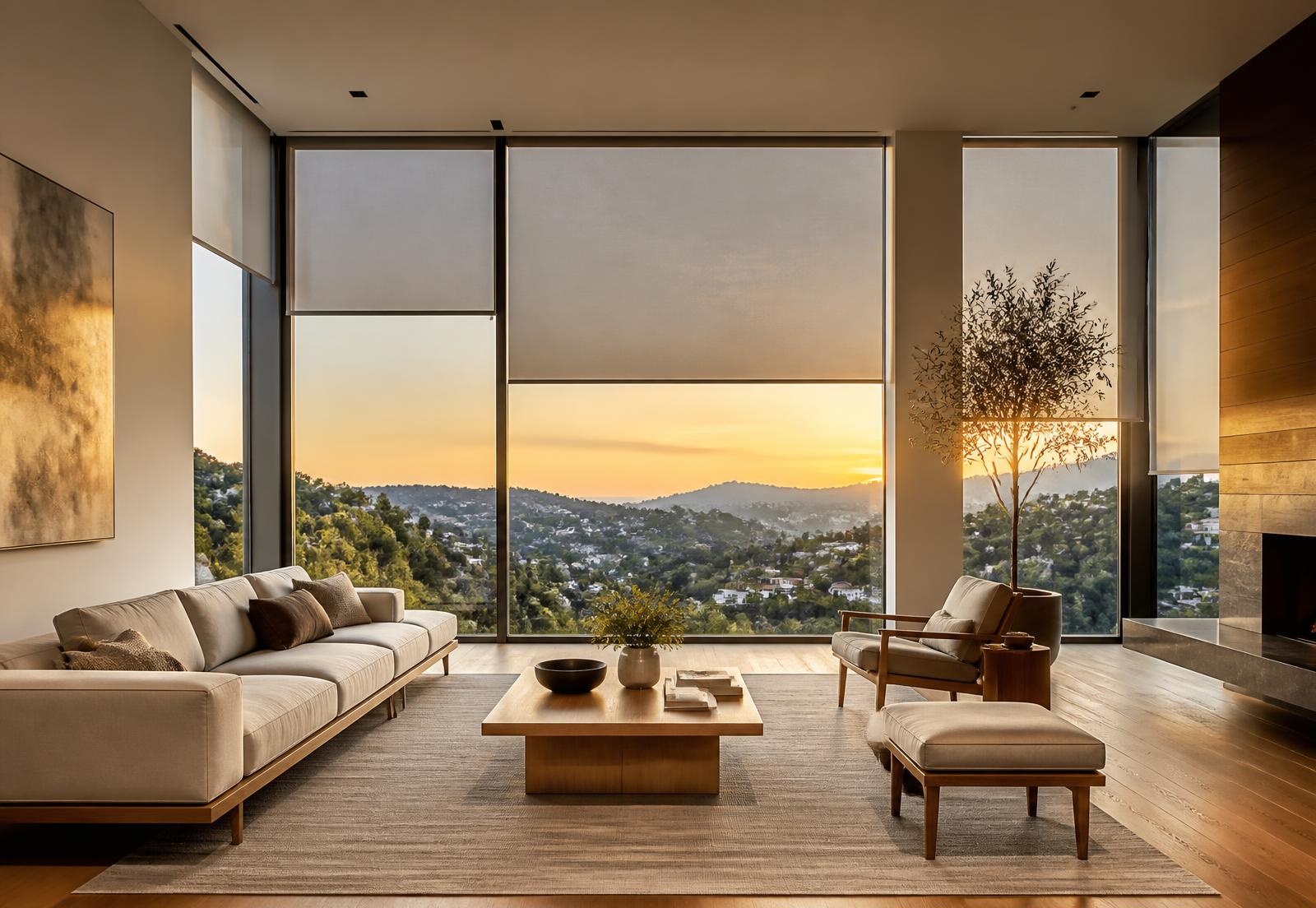 Motorized shades at varied heights across floor-to-ceiling windows in a modern living room at golden hour