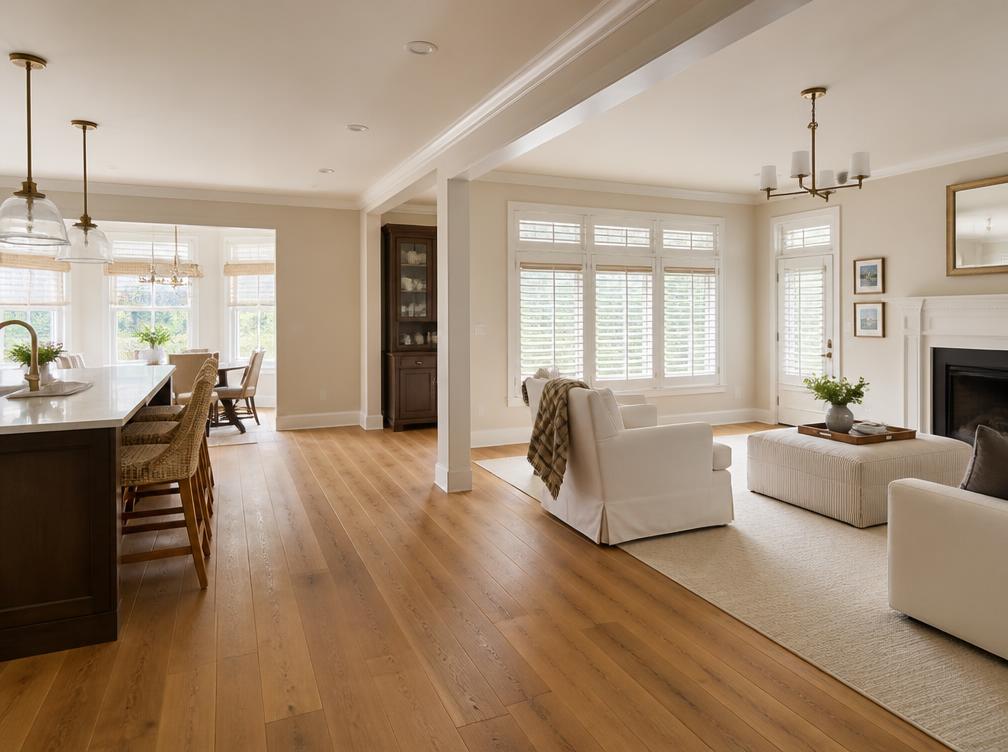 Remodeled open-plan interior with coordinated flooring and shutters