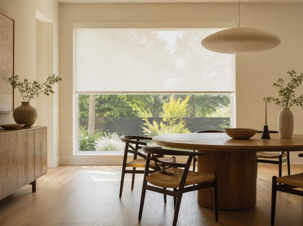 Ivory light-filtering roller shade partly lowered over a wide window in a modern dining room