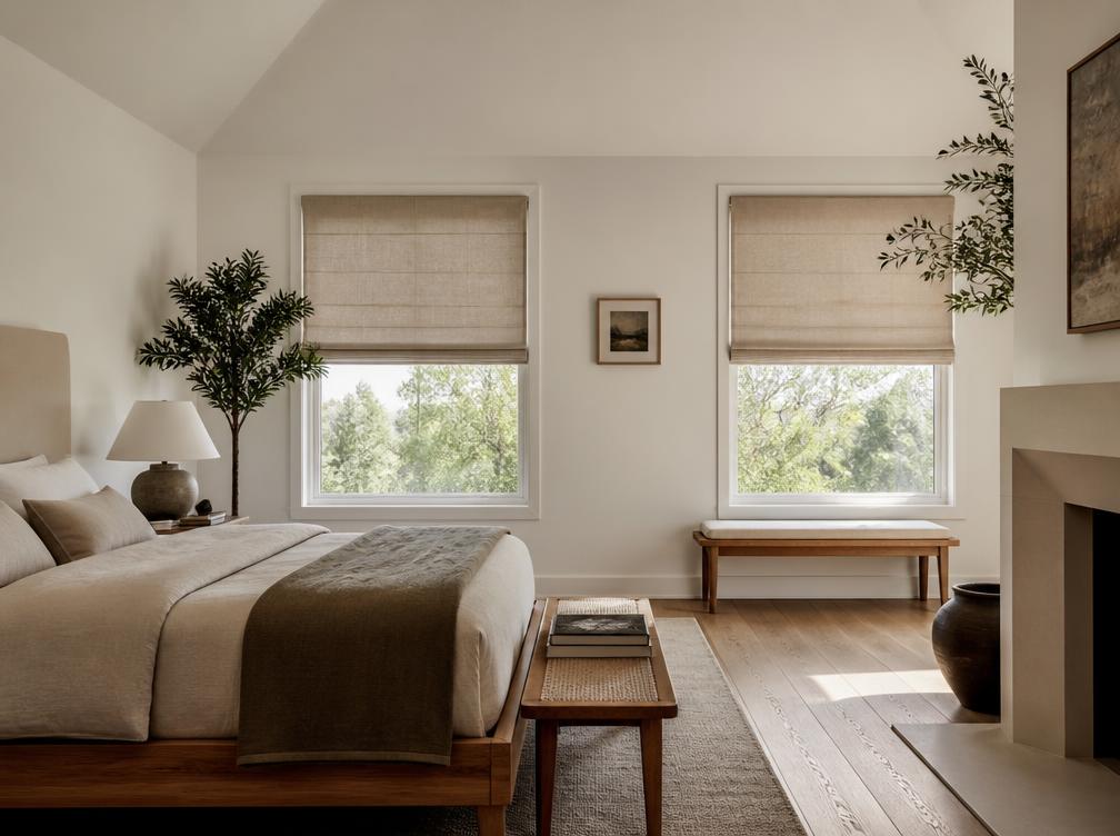 Natural linen roman shades on bedroom windows above a wood bench and oak flooring