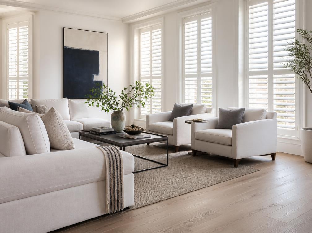 White plantation shutters filtering daylight in a bright living room with oak flooring