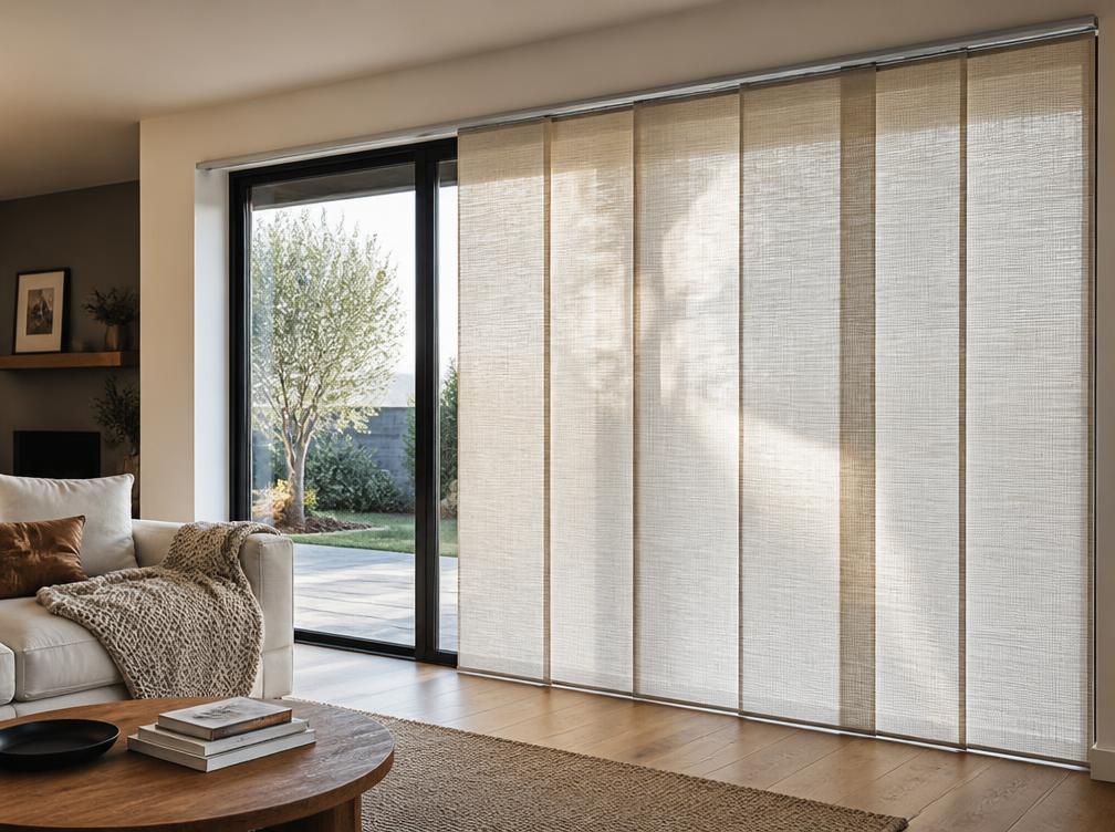 Panel track window covering drawn across a wide sliding glass door in a living room