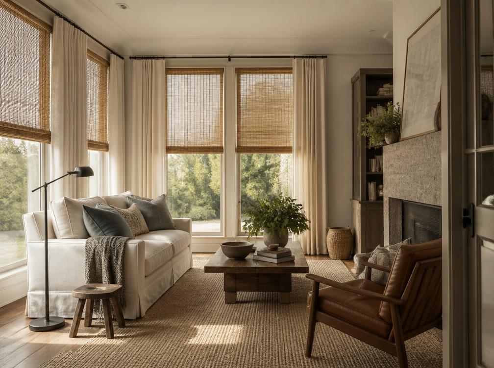 Woven bamboo shades layered with linen drapery in a warm textured living room